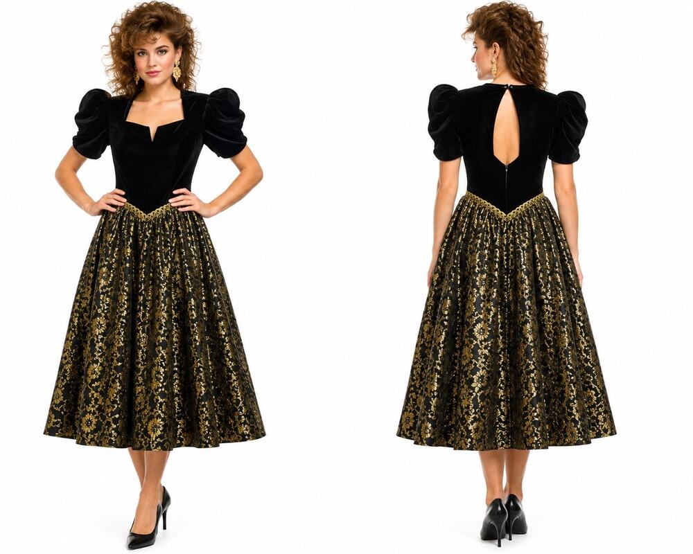 Vintage 1980s Scott McClintock Black Velvet Gold Lace Tulle Dress XS/S